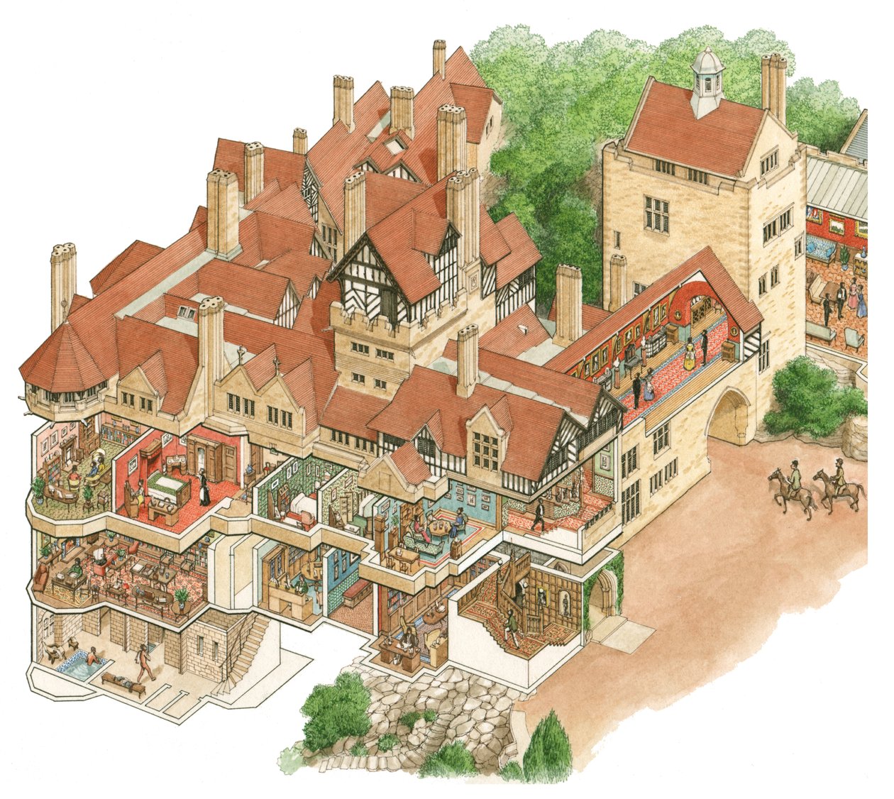 Cragside House, Northumberland, asi 1872-1900 (tuš a akvarel) od Stephen Conlin
