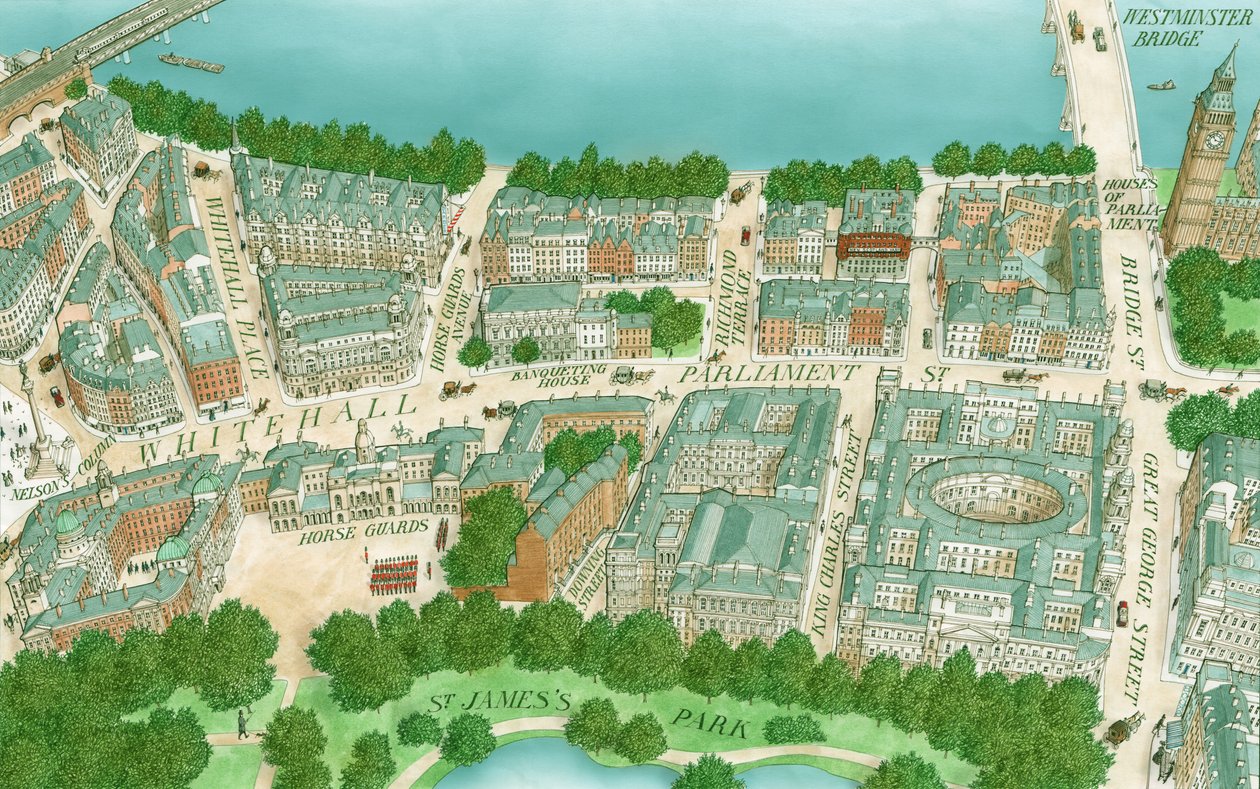 Edwardian Whitehall, Londýn, asi 1890-1905 (kresba 1995) (tuš, airbrush a akvarel) od Stephen Conlin