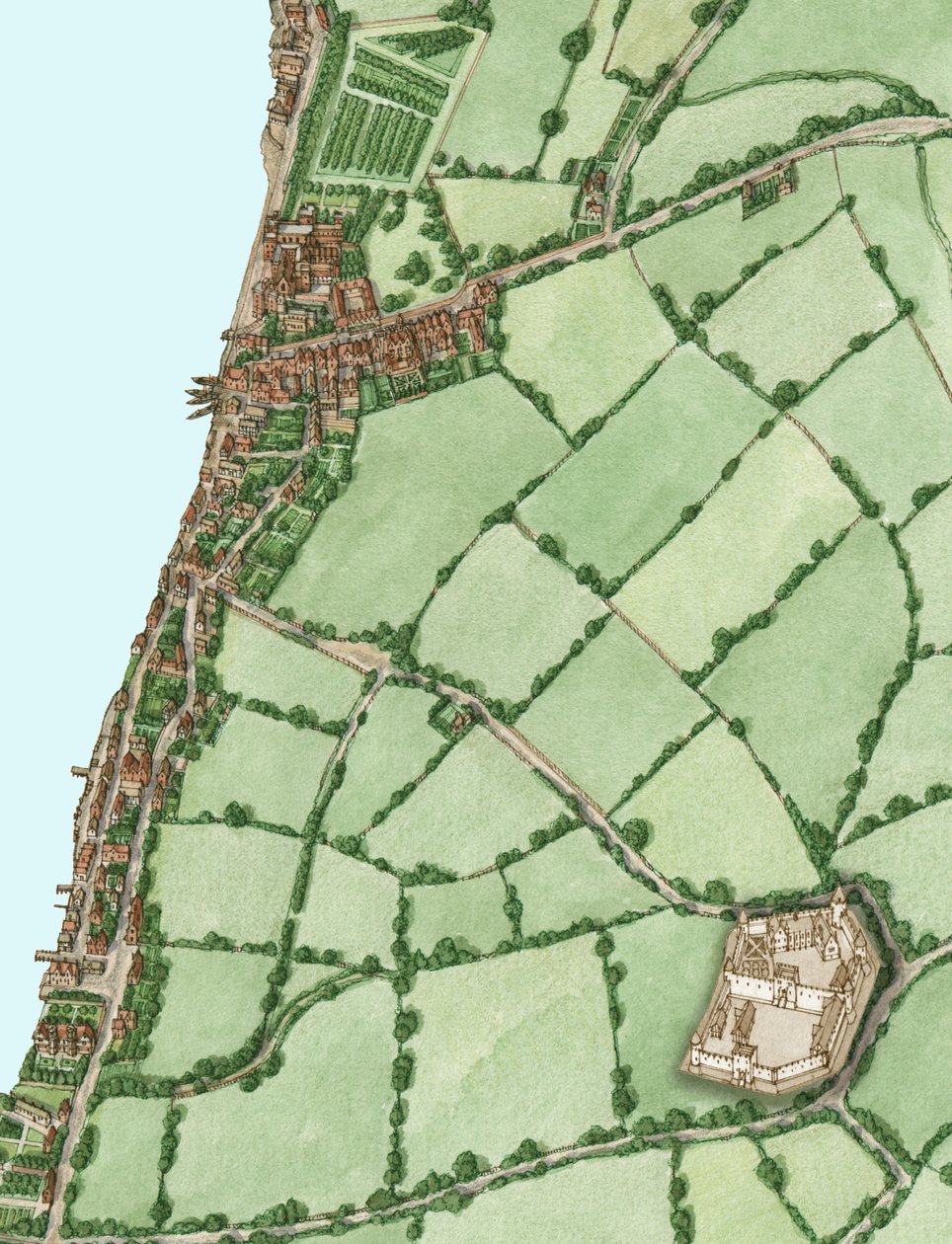 Lambeth a Vauxhall kolem roku 1600, s vložkou středověkého hradu Kennington, 2021 (tuš a akvarel, digitálně) od Stephen Conlin