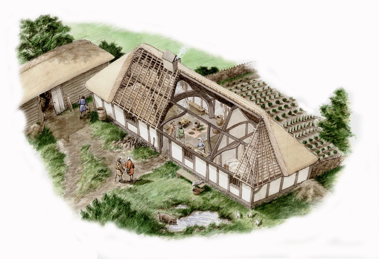 Mill House, Mapledurham, Oxfordshire (kresba 2013), asi 1335-1400 (tuš a akvarel) od Stephen Conlin