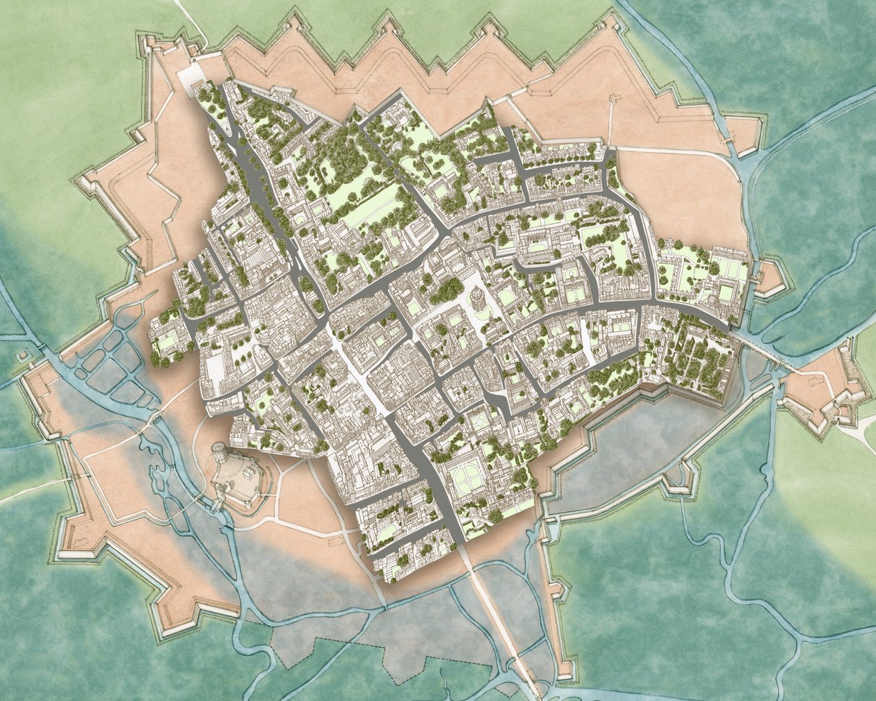 Moderní Oxford nad obranou z občanské války, cca 1644-1646 (tuš, akvarel, digitální úprava) od Stephen Conlin