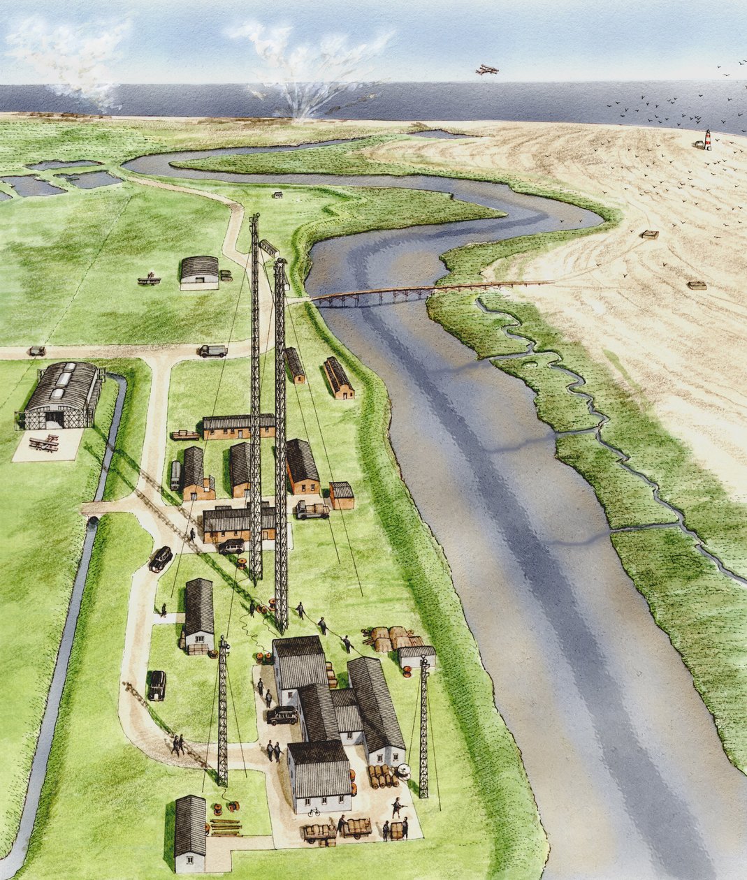 Orford Ness, Suffolk, asi 1935-1945 (tuš, airbrush, akvarel) od Stephen Conlin