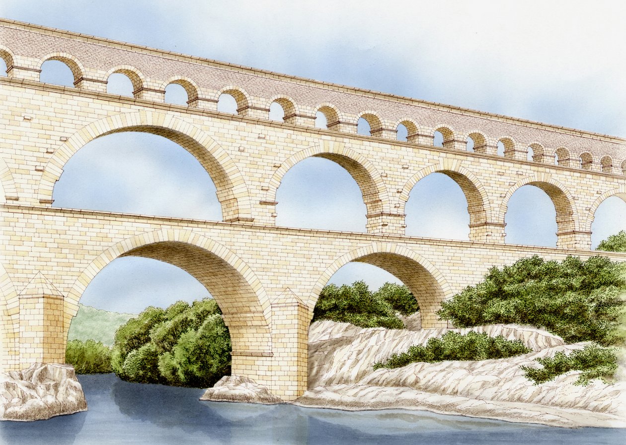 Pont de Gard dnes, Francie, asi 1900-2023 (tuš a akvarel) od Stephen Conlin