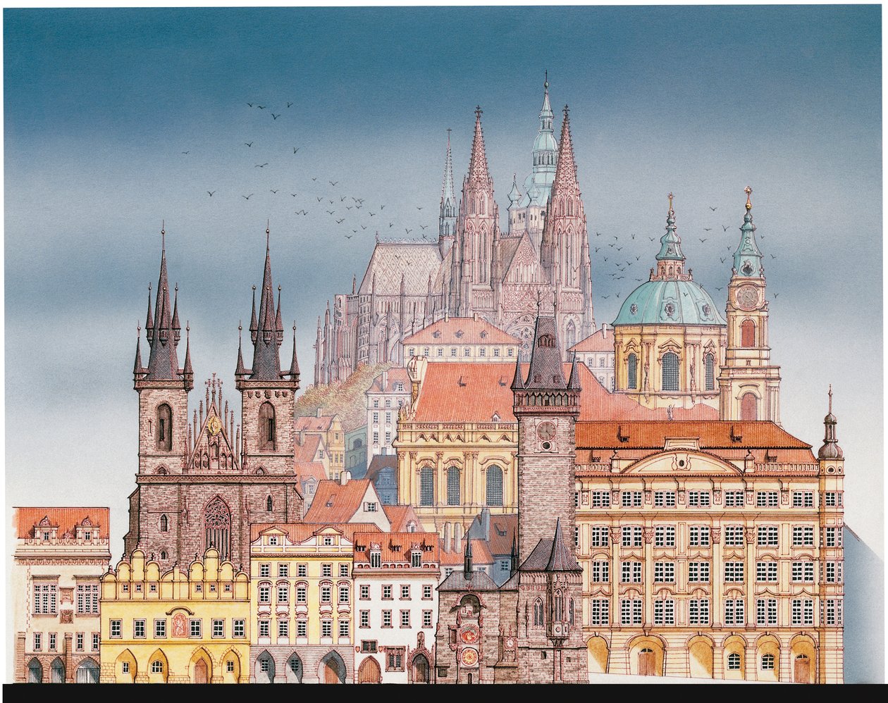 Pražské budovy, cca 1900-2023 (tuš a akvarel) od Stephen Conlin