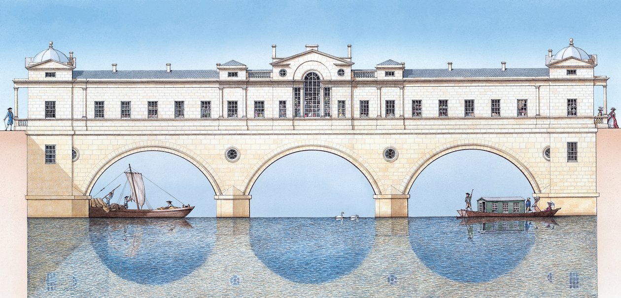 Pulteney Bridge, Bath, asi 1774-1810 (tuš a akvarel) od Stephen Conlin
