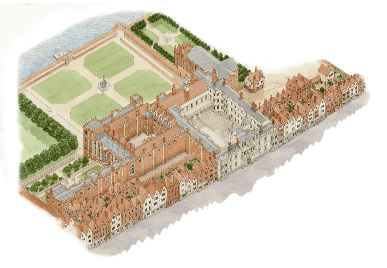 Somerset House, Londýn, asi 1609-1630 (tuš a akvarel) od Stephen Conlin