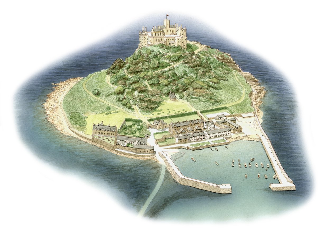 Hora svatého Michala, Cornwall, asi 1900-2023 (tuš, airbrush a akvarel) od Stephen Conlin