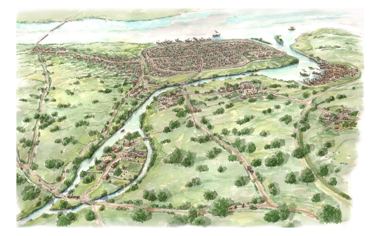 Kostel svatého Patrika a vikingský Dublin kolem roku 1000 n. l. (kresba 2018), cca 980-1000 (tuš a akvarel) od Stephen Conlin