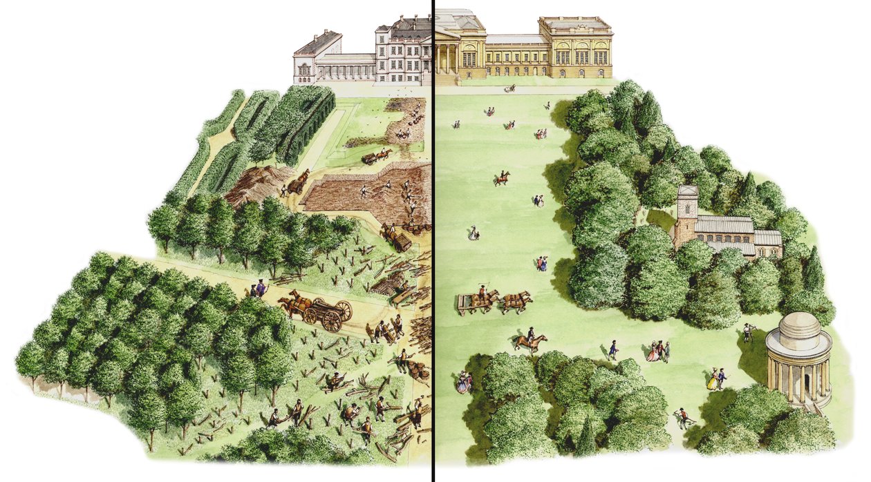 Vývoj krajinářských zahrad Stowe, Buckinghamshire, asi 1741-1780 (tuš a akvarel) od Stephen Conlin