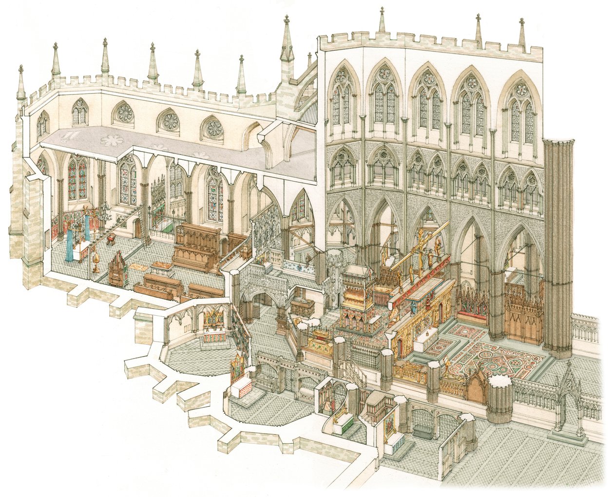 Východní část Westminsterského opatství krátce před reformací, asi 1500-1525 (tuš a akvarel) od Stephen Conlin