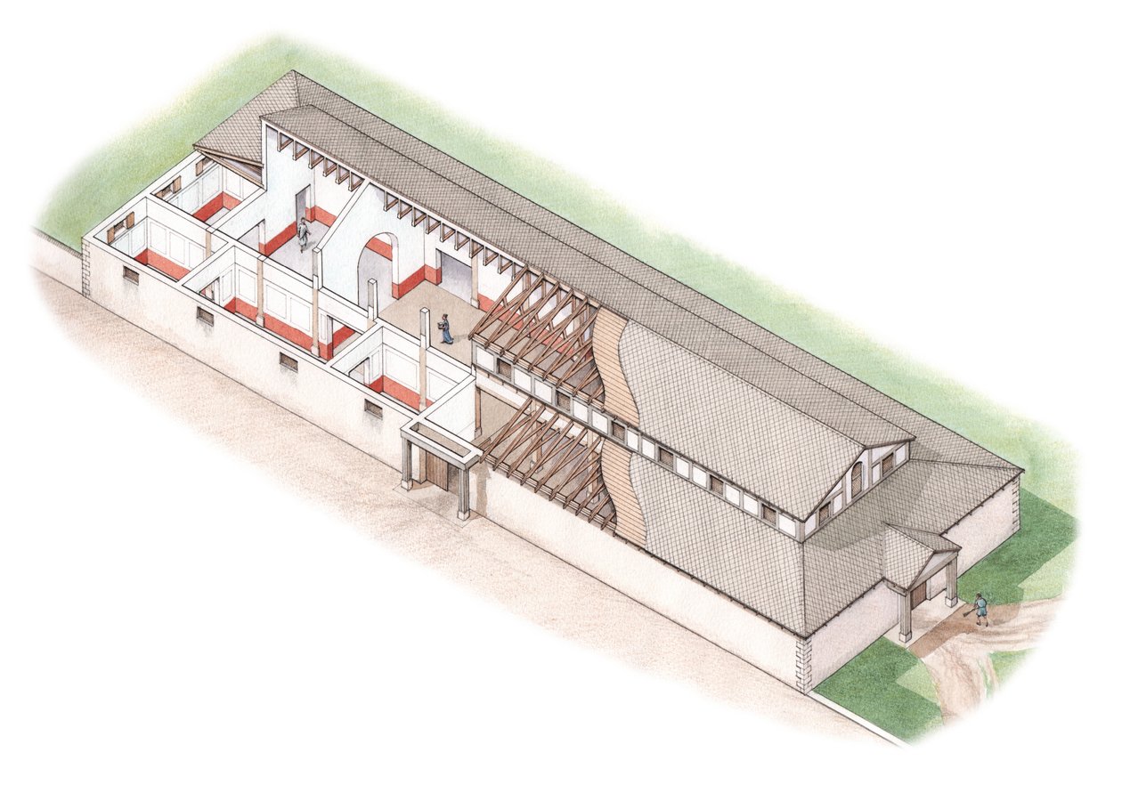 The North Range, Brading Roman Villa, Isle of Wight (nakresleno 2012), asi 200-250 (tuš a akvarel) od Stephen Conlin