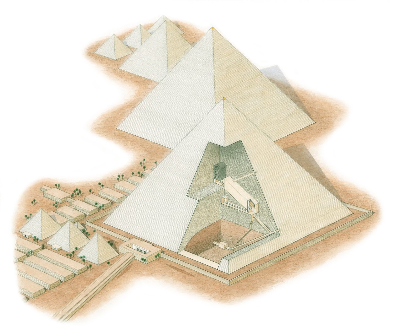 Pyramidy v Gíze, Egypt, asi 2560-2200 př. n. l. (tuš, airbrush, akvarel) od Stephen Conlin