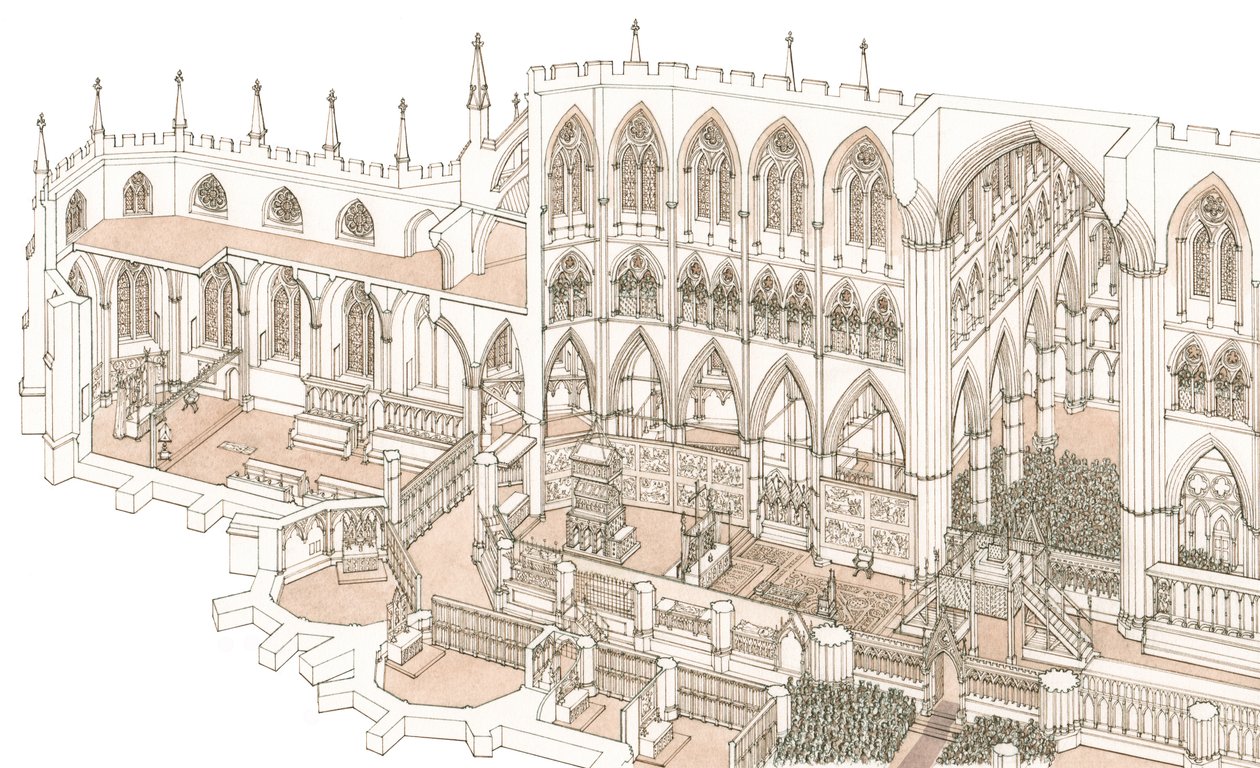 Kruchta Westminsterského opatství v době korunovace krále Jindřicha IV. v roce 1399, 2023 (tuš a akvarel) od Stephen Conlin