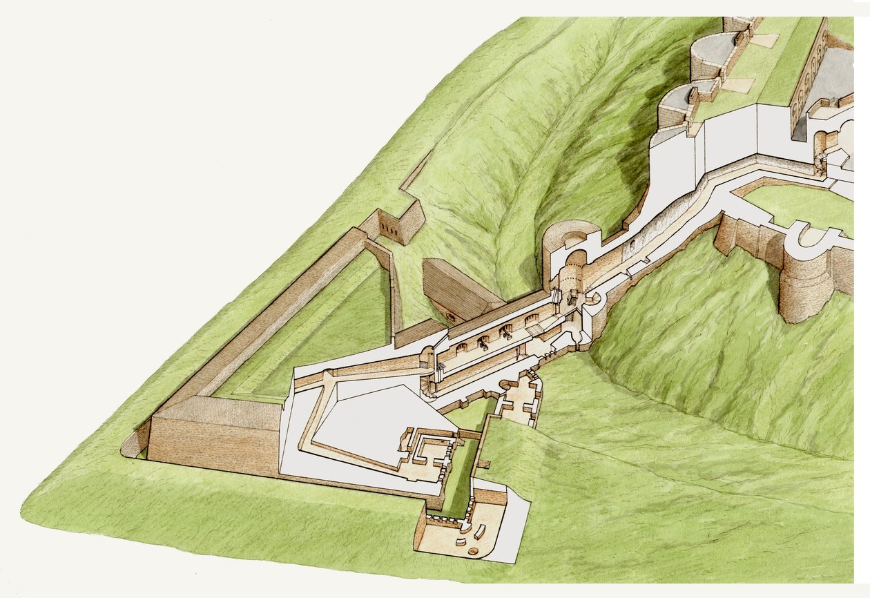 Ostruha, hrad Dover, Kent, asi 1800-2023 (tuš a akvarel) od Stephen Conlin