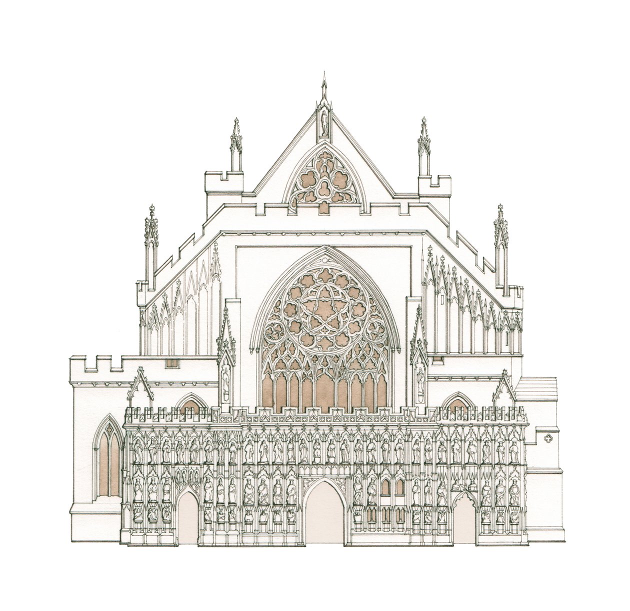 Západní průčelí katedrály v Exeteru, Devon (kresba 2002), asi 1900-2023 (tuš a akvarel) od Stephen Conlin