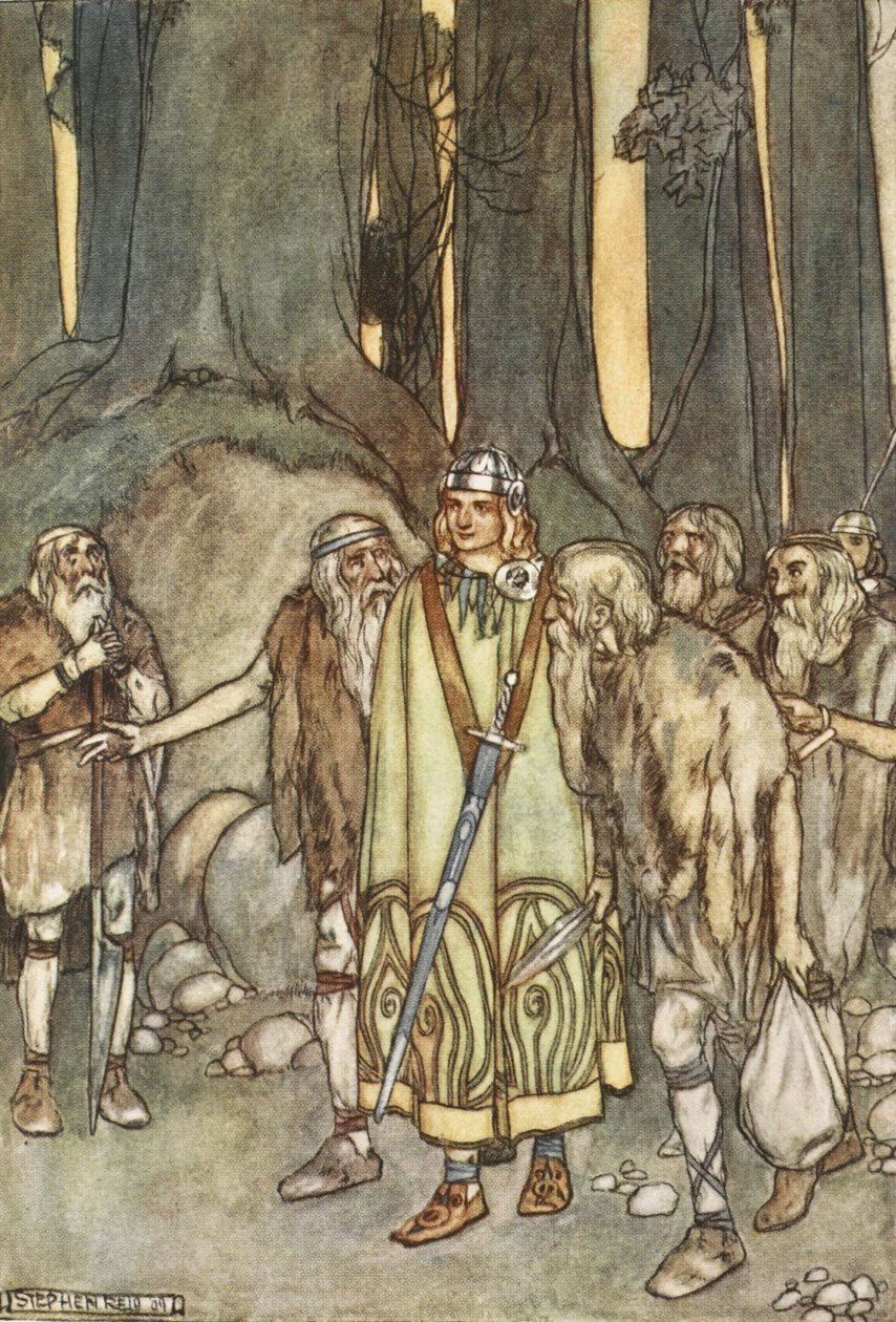 A té noci se v osamělé chýši hodovalo a veselilo, ilustrace z „The High Deeds of Finn, and other Bardic Romances of Ancient Ireland“ od T.W. Rolleston (barva lito) od Stephen Reid