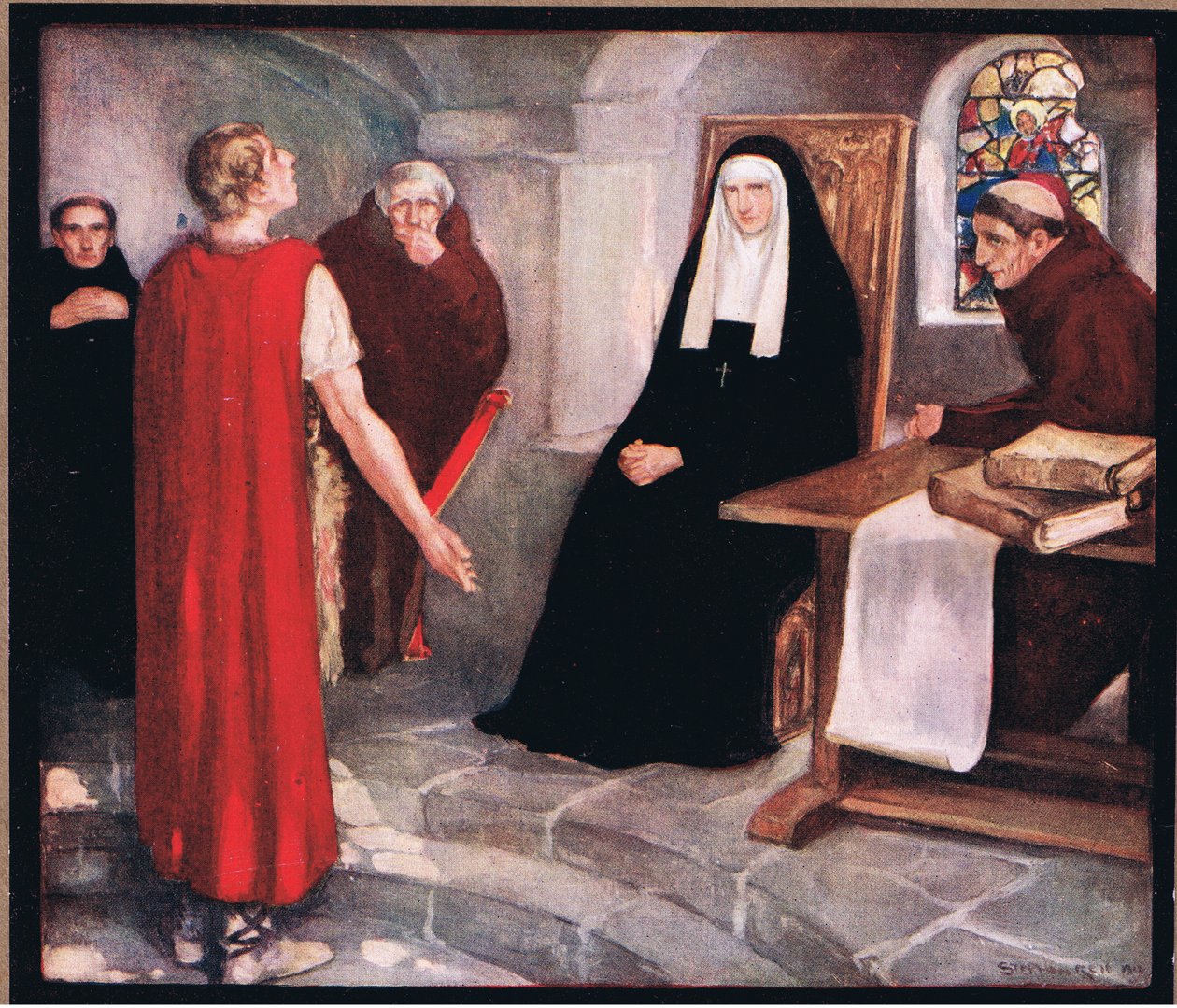 Caedmon před svatou Hildou (barva litho) od Stephen Reid