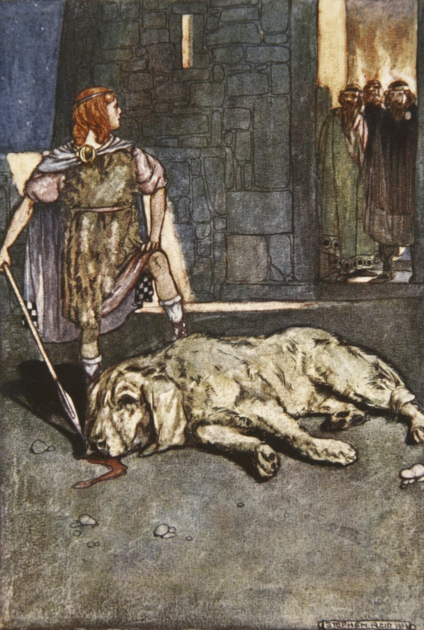 Cuchalain zabíjí Culainského psa, ilustrace z „Cuchulain, The Hound of Ulster“ od Eleanor Hull (1860-1935) od Stephen Reid