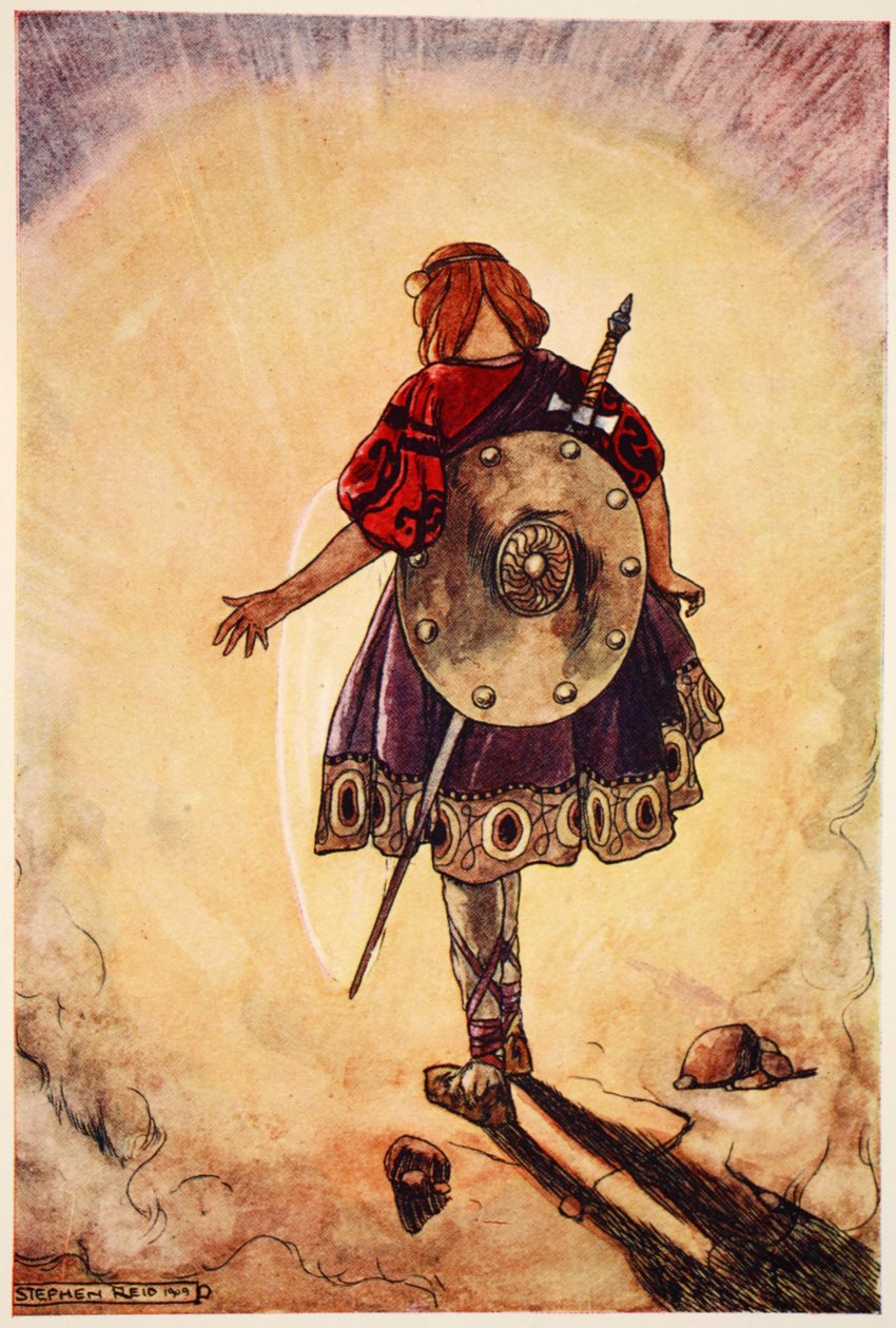 Cuchulain následuje Shining Wheel, ilustrace z „Cuchulain, The Hound of Ulster“ od Eleanor Hull (1860-1935) od Stephen Reid