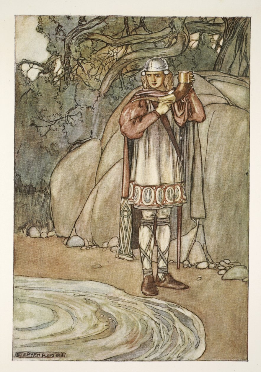 Dermot vzal roh a naplnil by ho, ilustrace z „The High Deeds of Finn, and other Bardic Romances of Ancient Ireland“ od T.W. Rolleston (barva lito) od Stephen Reid