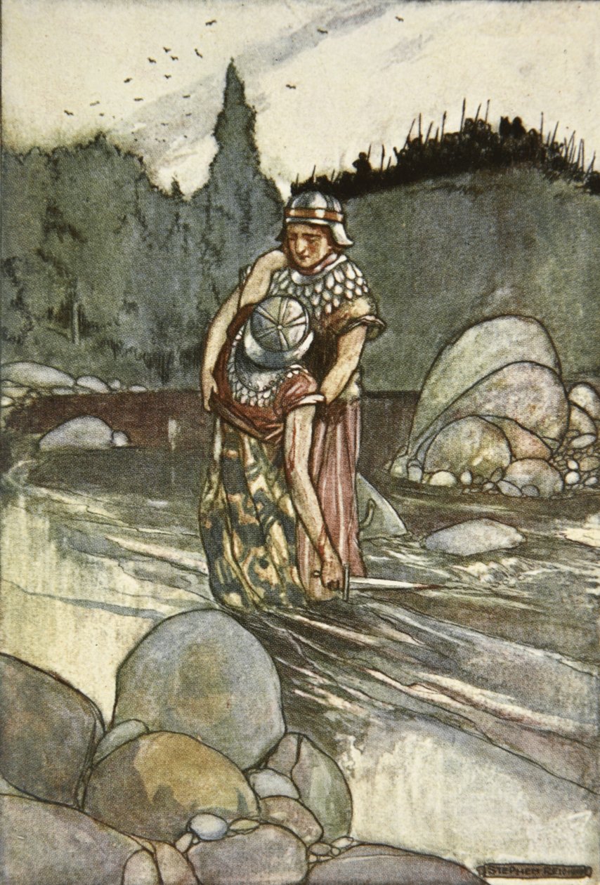 Ferdia padá rukou Cuchulain, ilustrace z „Cuchulain, The Hound of Ulster“ od Eleanor Hull (1860-1935) od Stephen Reid