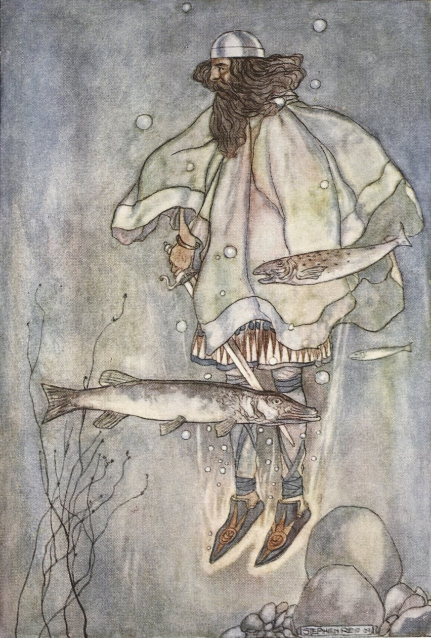 Fergus jde dolů do jezera, ilustrace z „The High Deeds of Finn and other Bardic Romances of Ancient Ireland“ od T.W. Rolleston (barva lito) od Stephen Reid