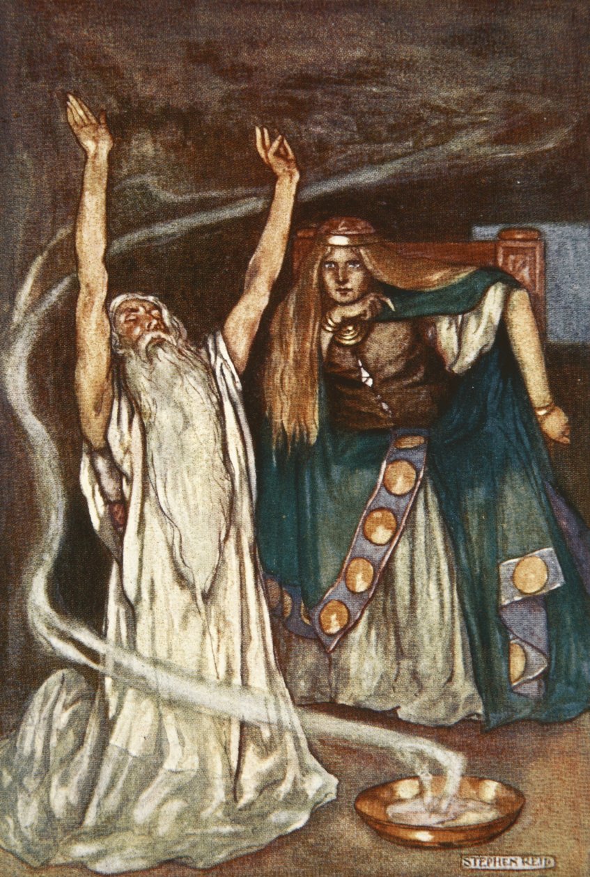 Královna Maeve a Druid, ilustrace z „Cuchulain, The Hound of Ulster“ od Eleanor Hull (1860-1935) od Stephen Reid