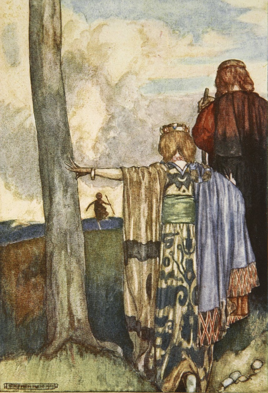 Queen Maeve se setkává s Cuchulainem, ilustrace z „Cuchulain, The Hound of Ulster“ od Eleanor Hull (1860-1935) od Stephen Reid