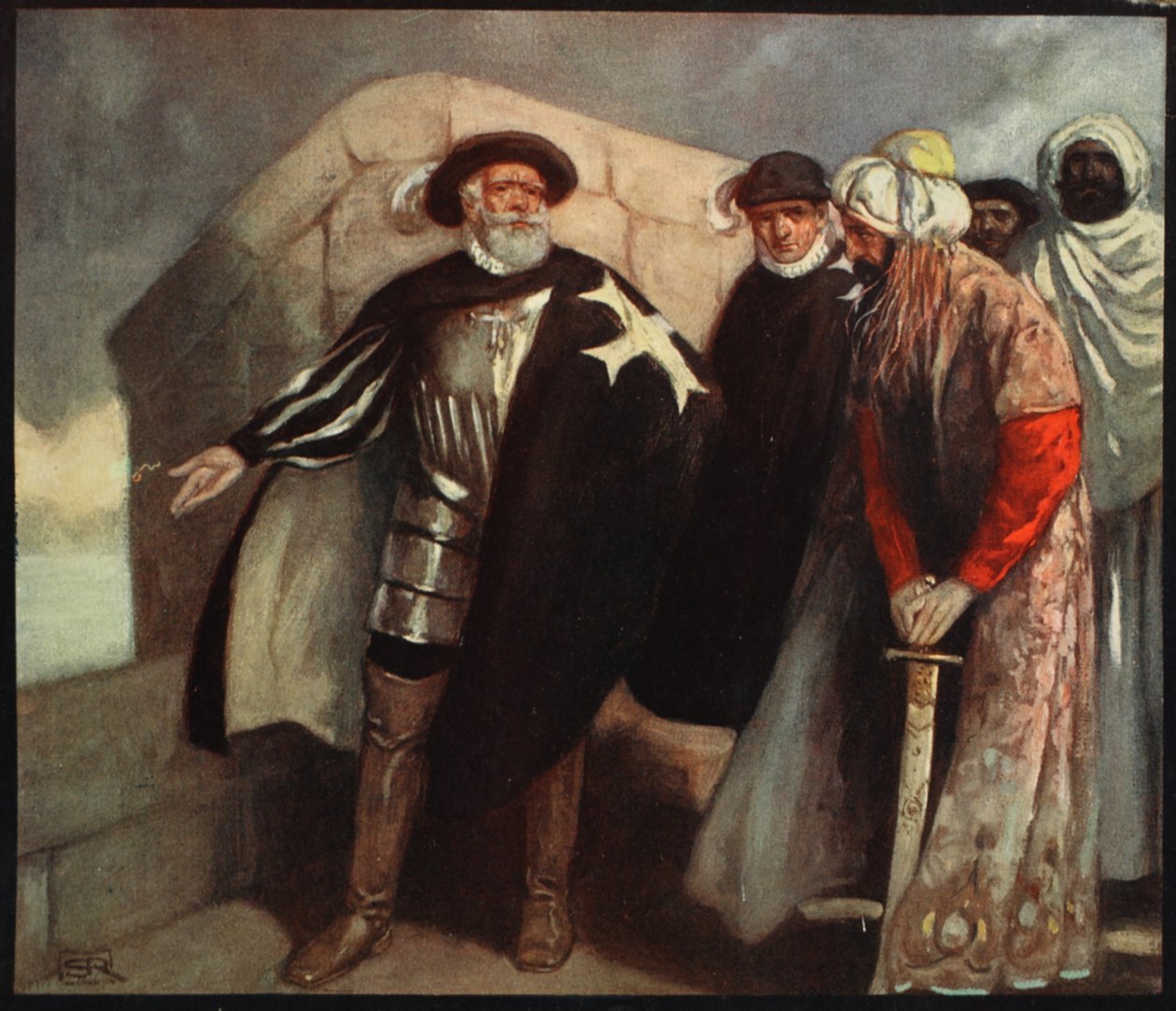 Rytíři Bílého kříže ve Fort of Saint Angelo, ilustrace z „Helmet & Cowl: Stories of Monastic and Military Orders“ W.M. Letts a M.F.S. Letts od Stephen Reid