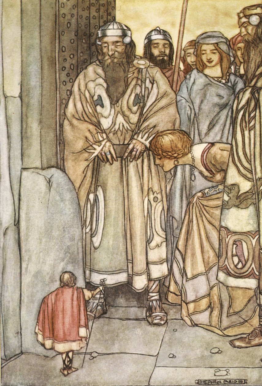 Všichni se odebrali, pánové a dámy, aby si prohlédli malého muže, ilustraci z „The High Deeds of Finn, and other Bardic Romances of Ancient Ireland“ od T.W. Rolleston (barva lito) od Stephen Reid