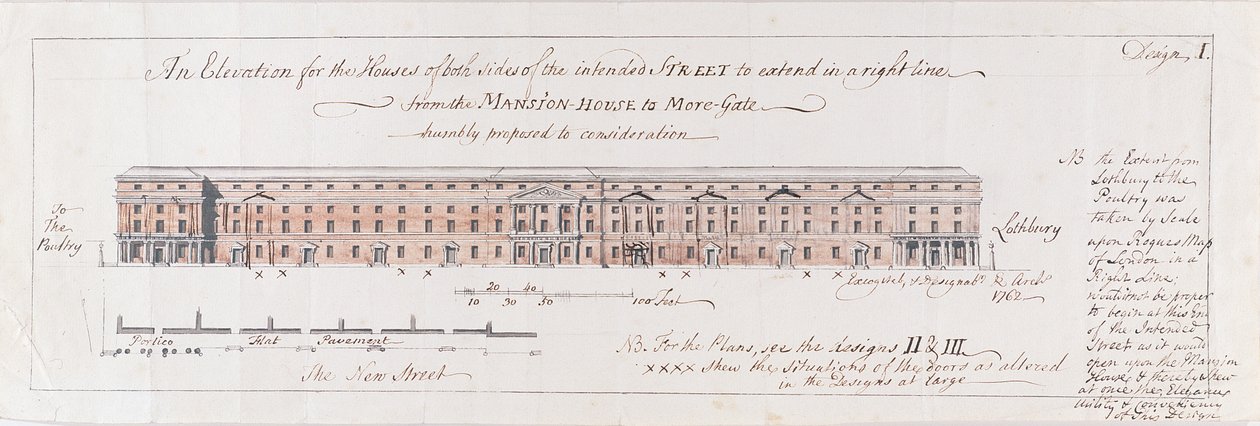 Návrh domů na obou stranách zamýšlené ulice tak, aby se táhl v pravé linii od Mansion-House k More-Gate, pokorně navržený ke zvážení, 1762 (wc nad perem a grafitem na papíře) od Stephen Riou