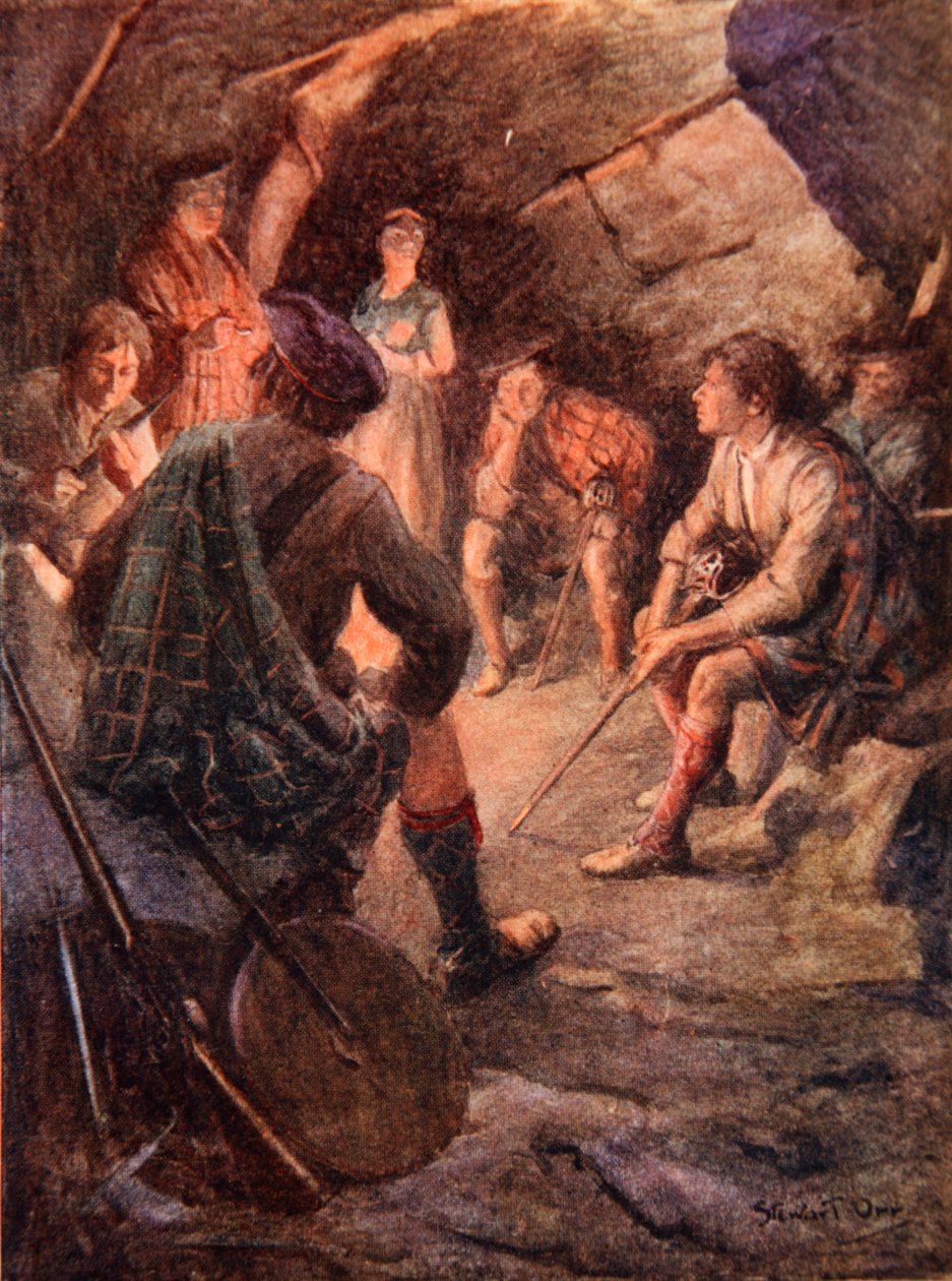 Ozbrojení Highlanders sedí kolem ohně a plánují Bonnie Prince Charlie od Stewart Orr