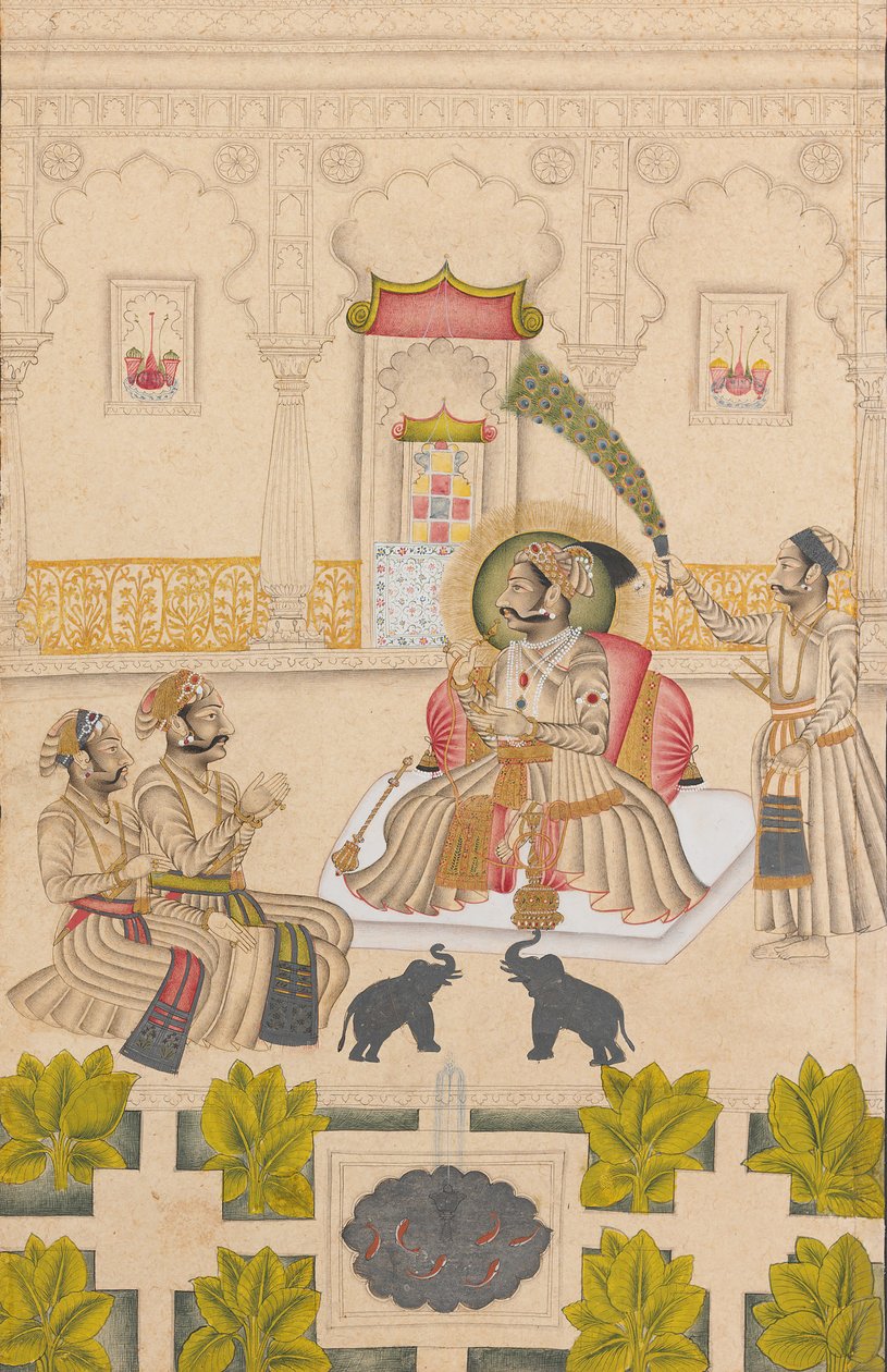 Maharana Amar Singh II jsou zobrazeni dva stříbrní sloni, ca. 1705. od Stipple Master