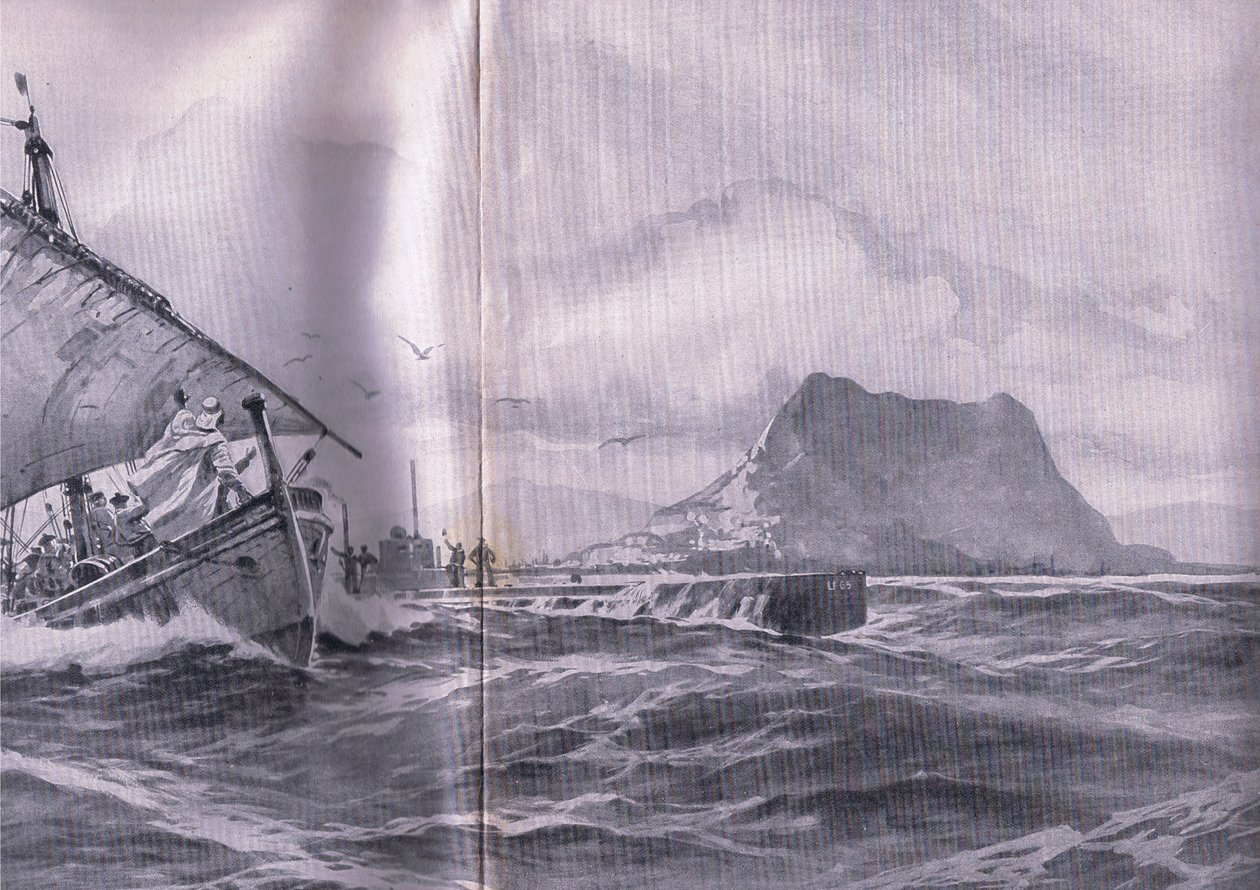 Německá ponorka proplouvající Gibralterským průlivem na cestě do Dardenel, z hospody Ilustrovaná historie světové války 1914-1915. od Union Berlagsefellfchaft od Willy Stoewer 