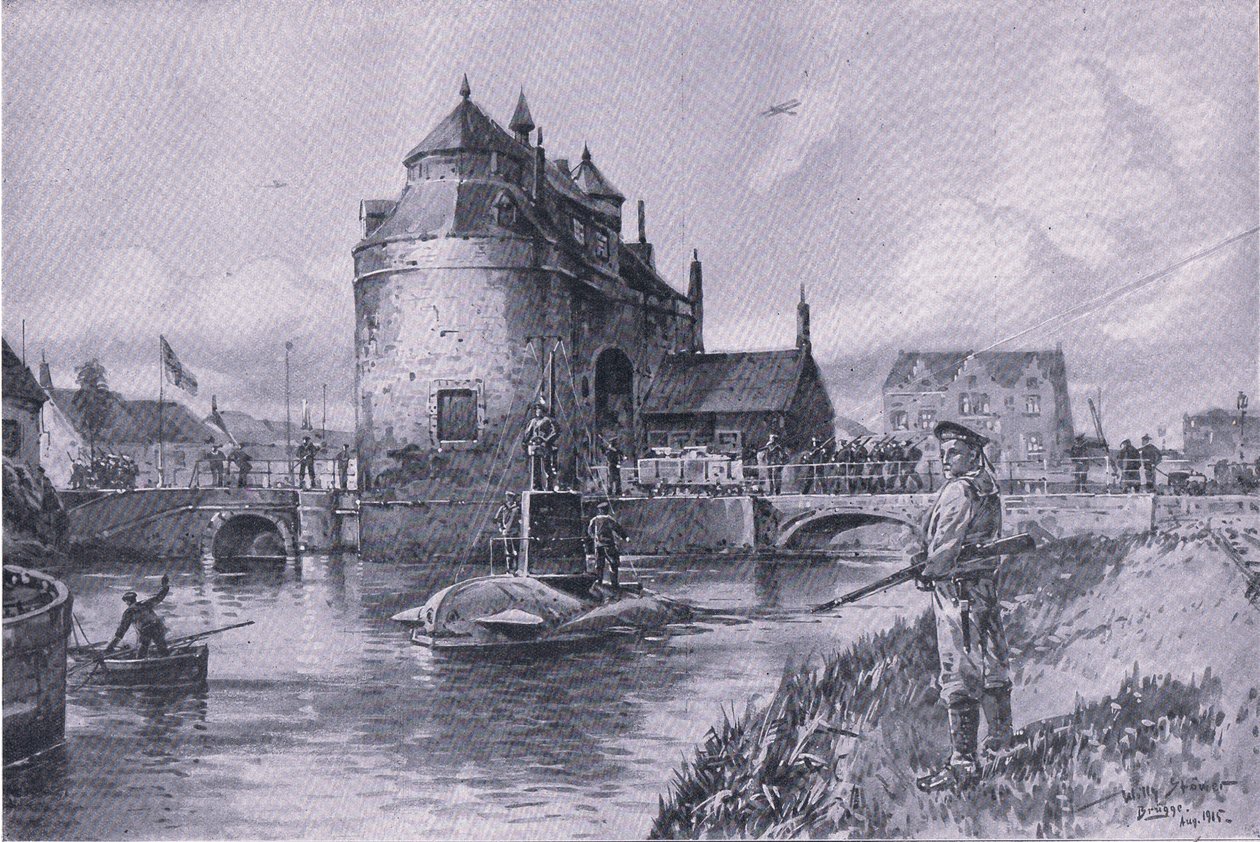 Bezpečné útočiště v Bruge, z hospody Ilustrovaná historie světové války 1914-1915. od Union Berlagsefellfchaft od Willy Stoewer 