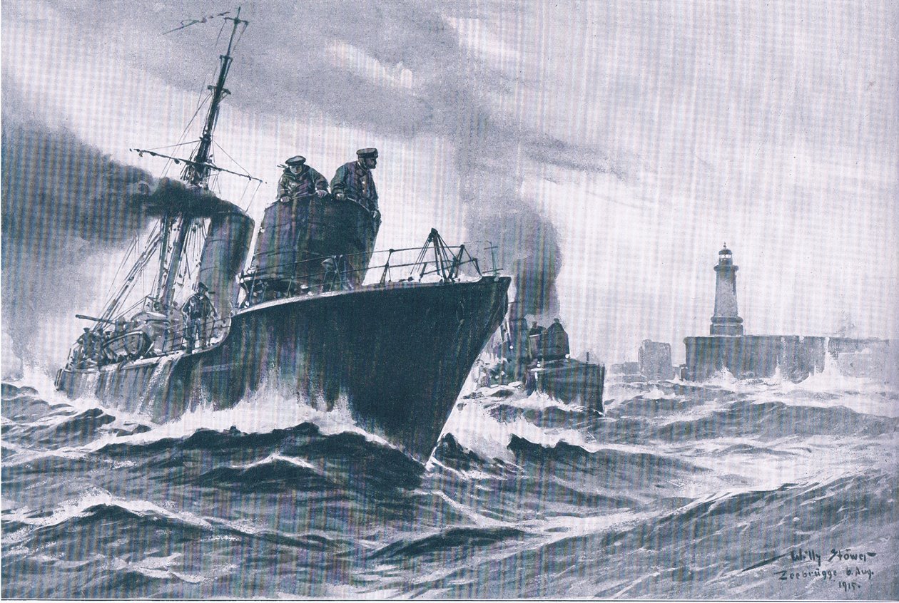 Hlídkové čluny a minolovky vyplouvající z přístavu Zeebrugge z hospody Ilustrovaná historie světové války 1914–1915. od Union Berlagsefellfchaft od Willy Stoewer 