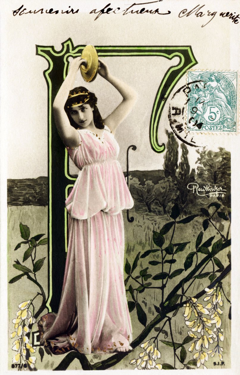 F: Mlle Beauregard, umělec z 1900 - Abeceda na pohlednici od Studio Reutlinger