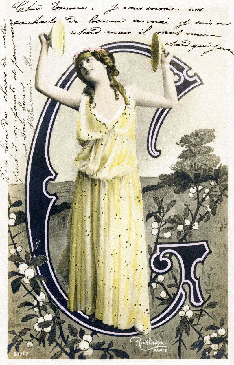 G: Louise Myriel, herečky a textaře z Belle Epoque - Folies Bergere, Gymnase, Gaite, Paříž - Abeceda na pohlednici od Studio Reutlinger