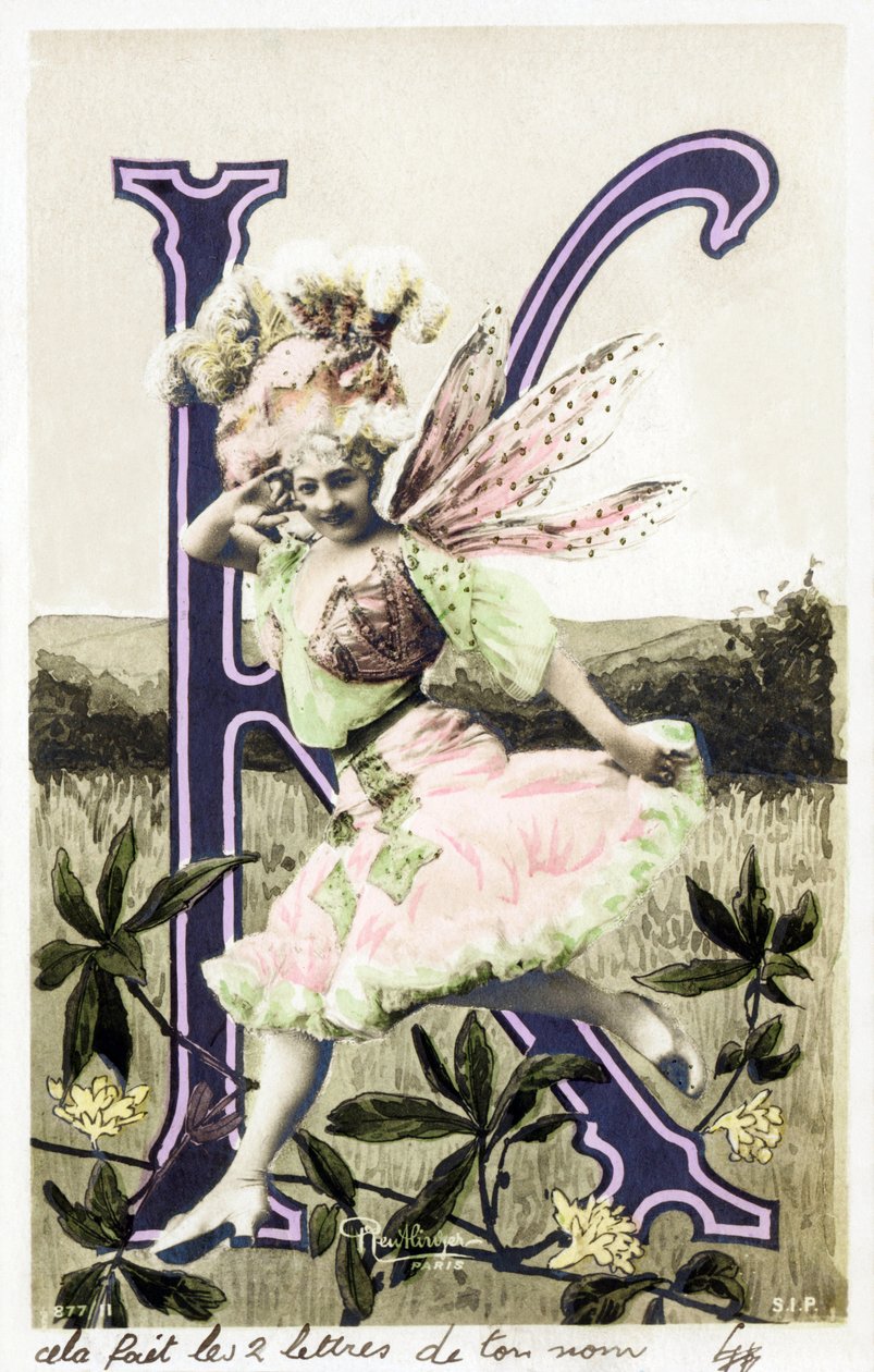 K: Juliette Mealy, zpěvačka a kabaretní tanečnice z la Belle Epoque - tvůrce písně "Frou Frou" v roce 1897 - Abeceda na pohlednici od Studio Reutlinger