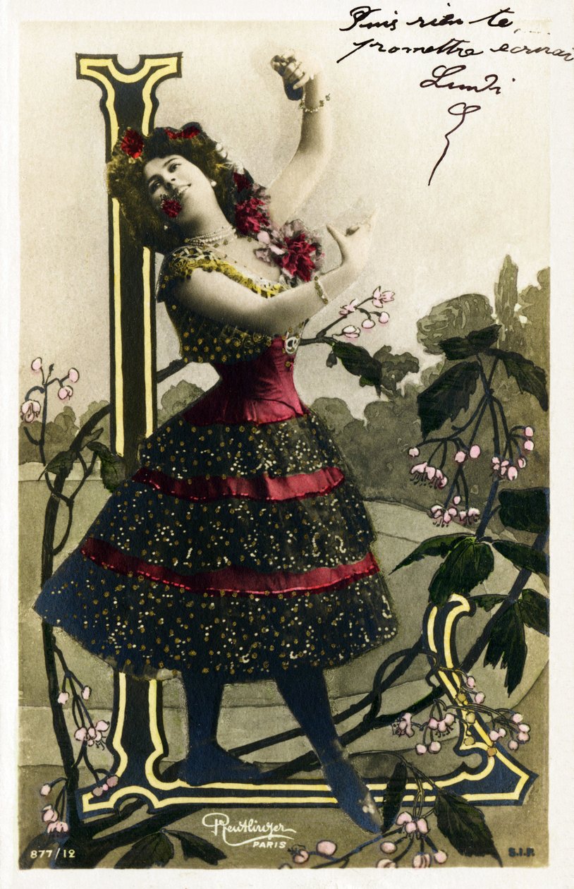 L: Luz Chavita, herečka a tanečnice z Belle Epoque - Opéra Comique, Paříž - Abeceda na pohlednici od Studio Reutlinger