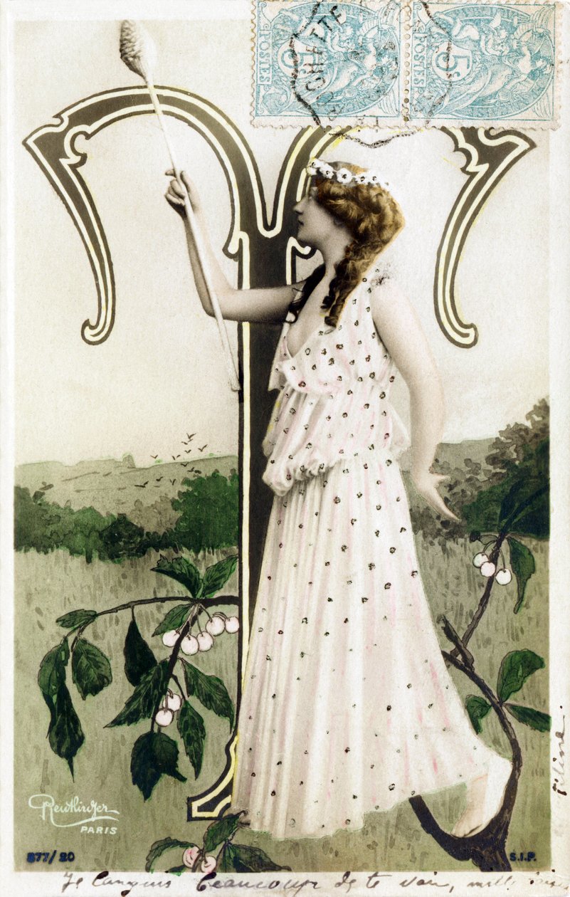 T: Louise Myriel, herečka a textařka z Belle Epoque - Folies Bergere, divadla du Gymnase, de la Gaite, Paříž - Abeceda na pohlednici od Studio Reutlinger