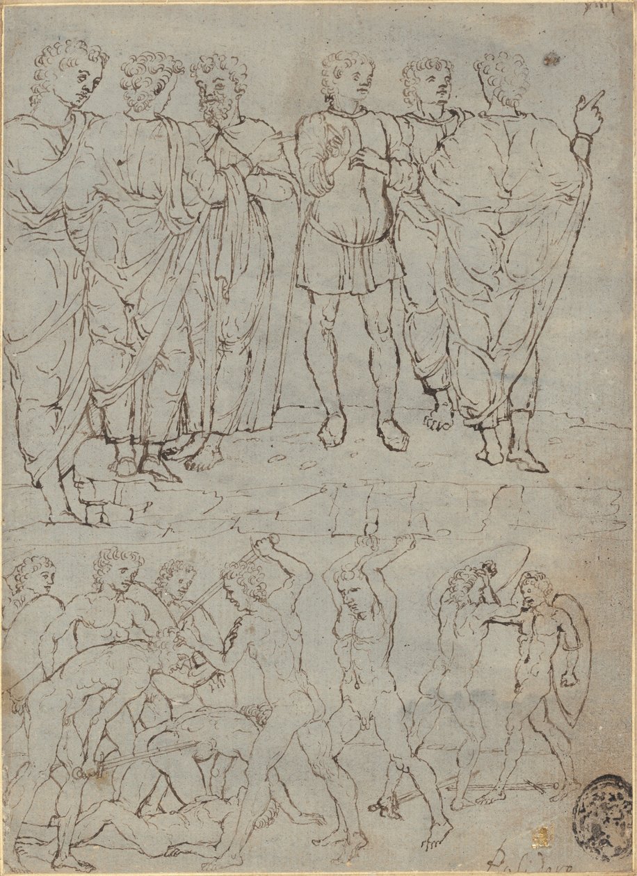 Šest konverzujících mužů a deset bojujících aktů od Studio of Francesco Squarcione