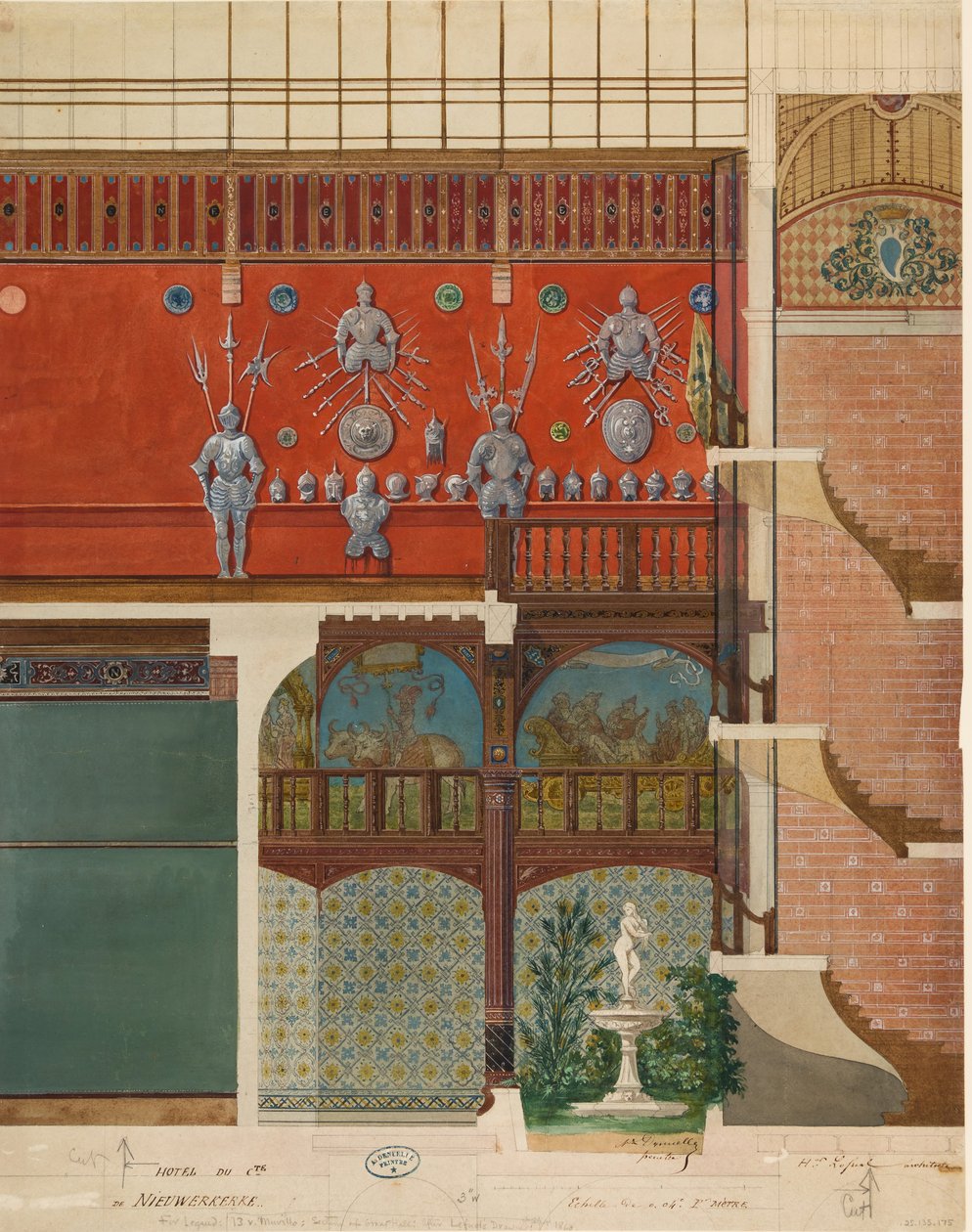 Architektonický nákres interiéru domu Comte de Nieuwerkerke, ca. 1870. od Studio of Hector Martin Lefuel.