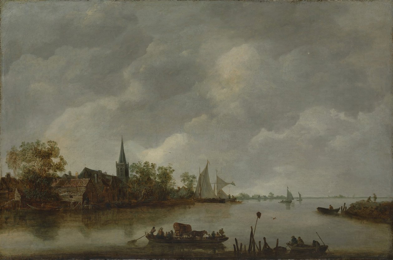 Výhled na řeku s vesnickým kostelem. od Style of Jan van Goyen