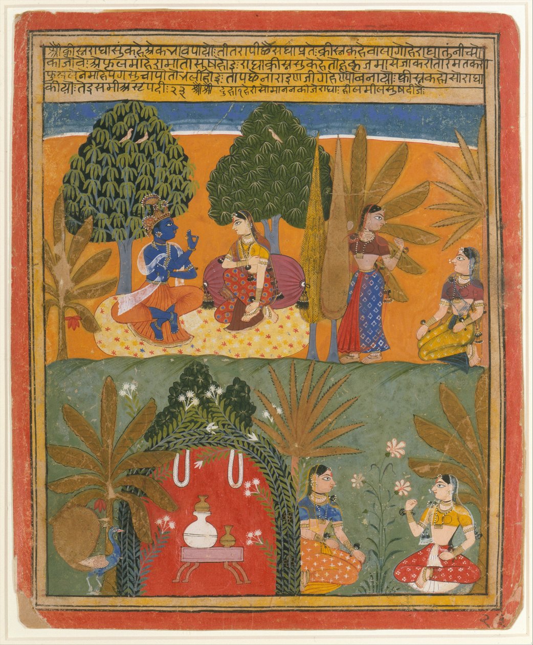 Krishna a Radha se svými důvěrníky: Stránka z rozptýlené Gita Govindy, ca. 1655-60. od Style of Manohar