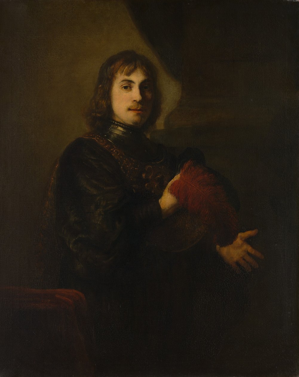 Portrét muže s náprsníkem a opeřeným kloboukem. od Style of Rembrandt