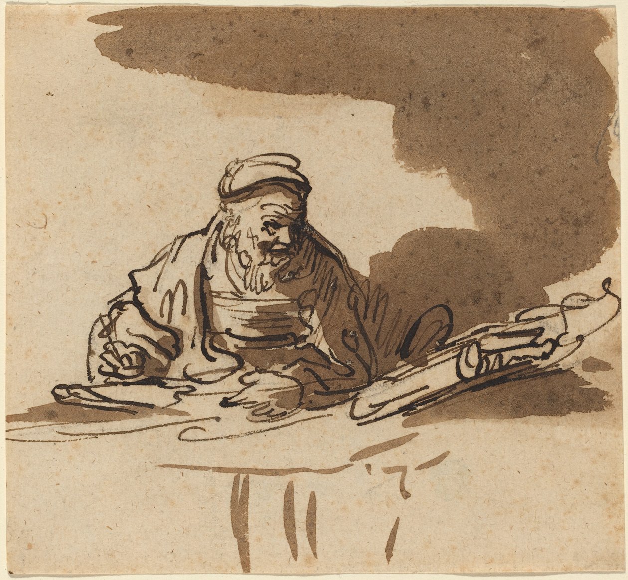 Starý učenec u svého stolu od Style of Rembrandt van Rijn