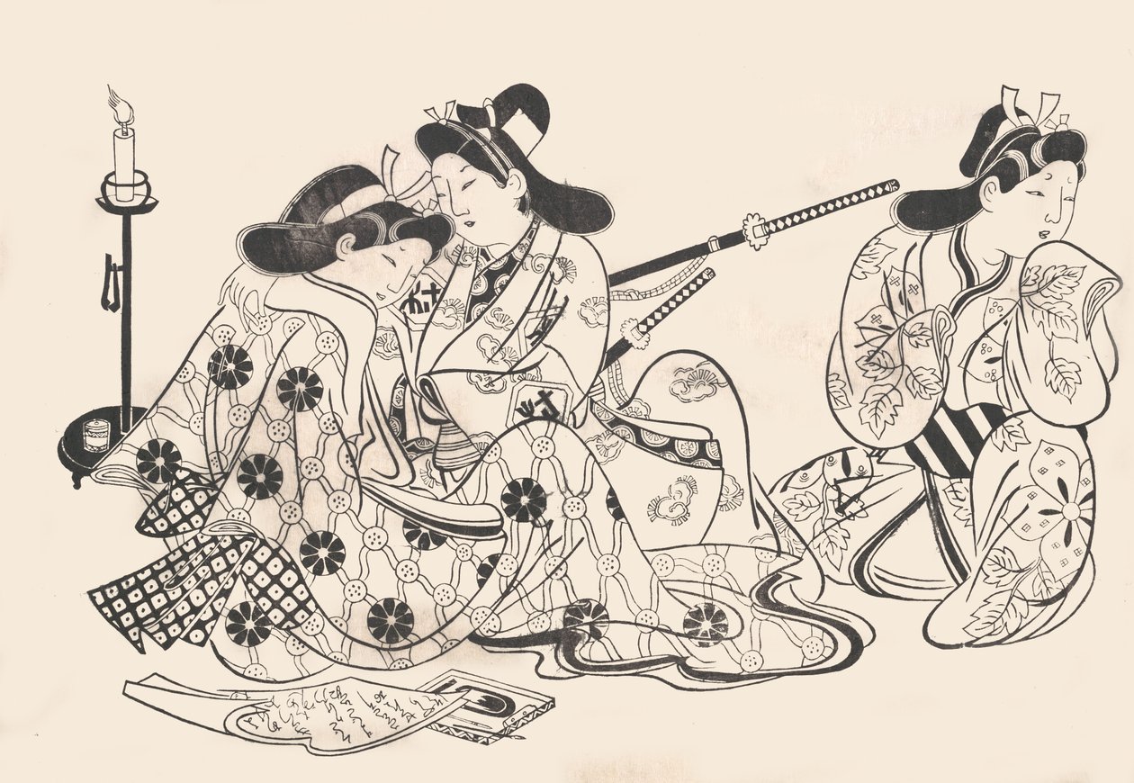 Samuraj a kurtizána sedí, sluha vedle nich, ca. 1685, ca. 1685. od Sugimura Jihei