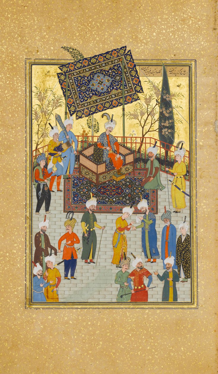 Khusrau sedící na svém trůnu, Folio 64 z Khamsa Quintetu z Nizami, A.H. 931A.D. 1524-25. Tvůrci: Sultan Muhammad Nur, Mahmud Muzahhib, Shaikh Zada. od Sultan Muhammad Nur, Mahmud Muzahhib, Shaikh Zada