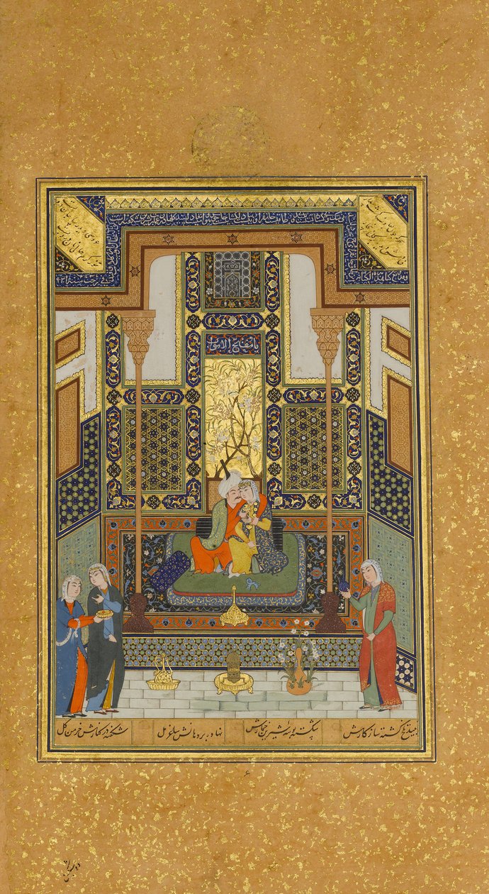 Sňatek Khusrau a Shirin, Folio 104 z Khamsa Quintetu z Nizami, A.H. 931 n. l. 1524-25. Tvůrci: Sultan Muhammad Nur, Mahmud Muzahhib, Shaikh Zada. od Sultan Muhammad Nur, Mahmud Muzahhib, Shaikh Zada